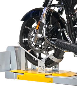 Motorcycle front wheel secured in Multi-Lift M-Chock