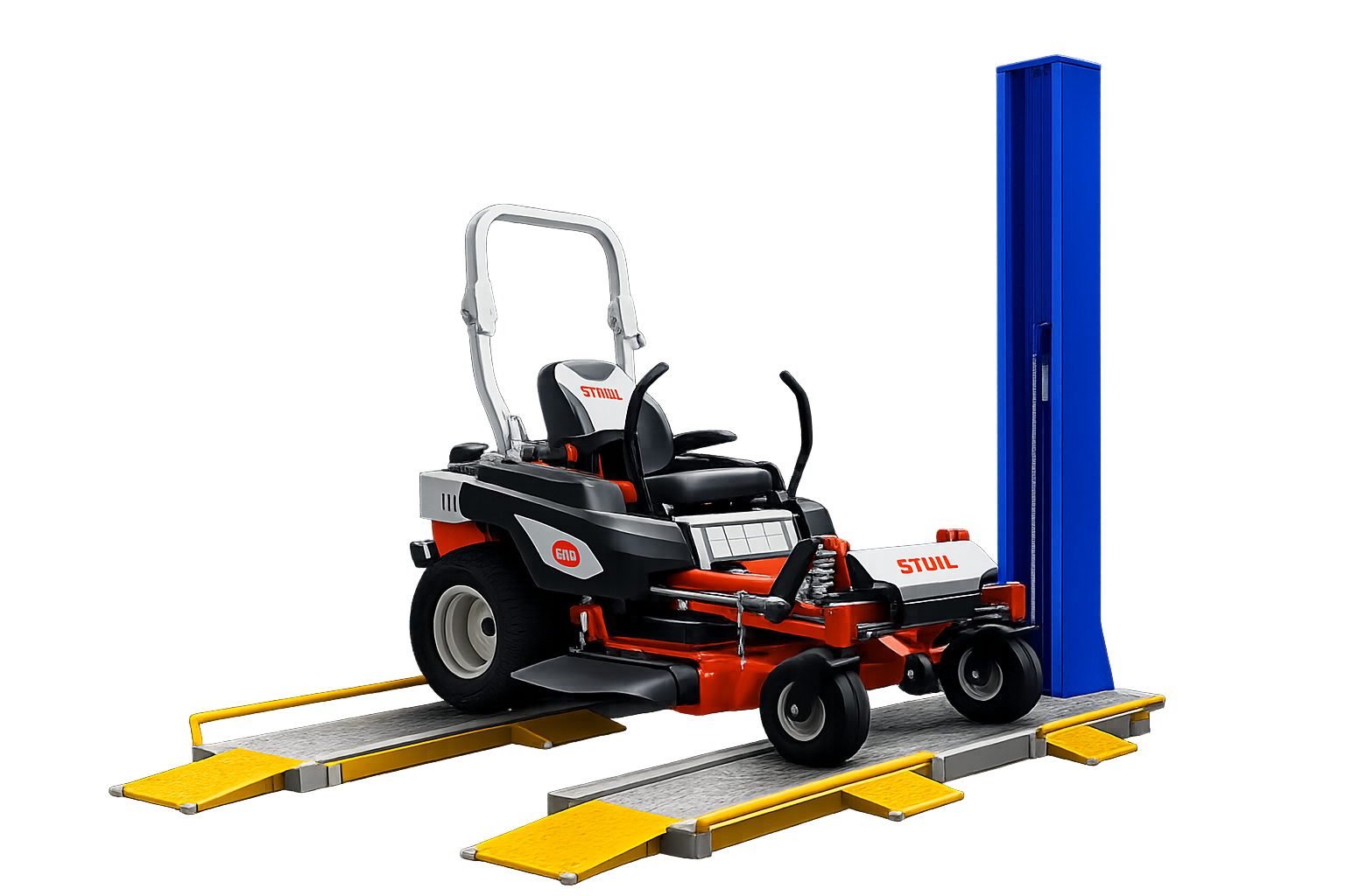AutoLifts Single Column Storage & Service Lift for zero-turn mowers, riding lawn mowers, ATVs, UTVs, golf carts, and motorcycles