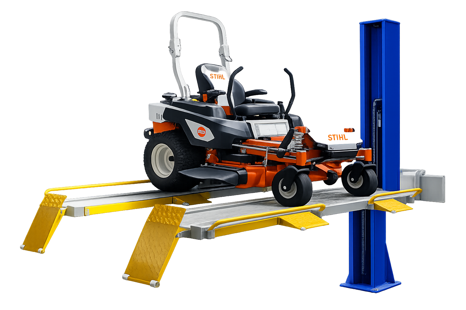 AutoLifts lift with zero-turn mower elevated for service