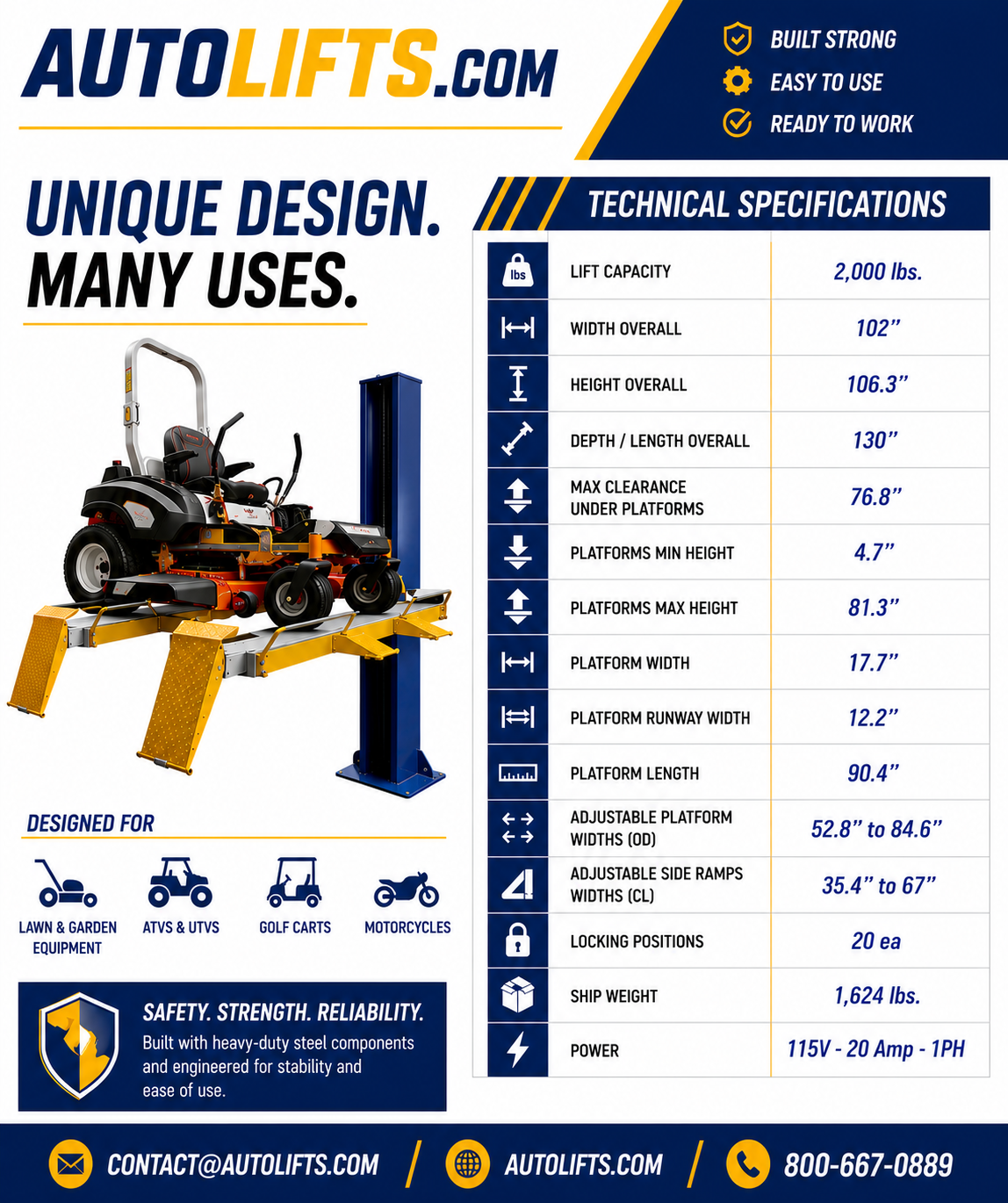AutoLifts Single Column Storage & Service Lift specifications